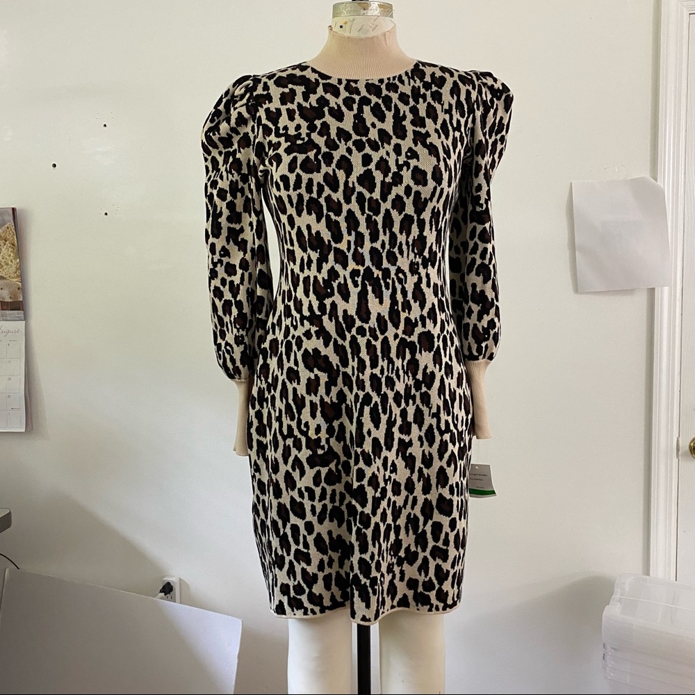 Long Puff Sleeve Cheetah Print Dress Knit Sweater Material Turtleneck
